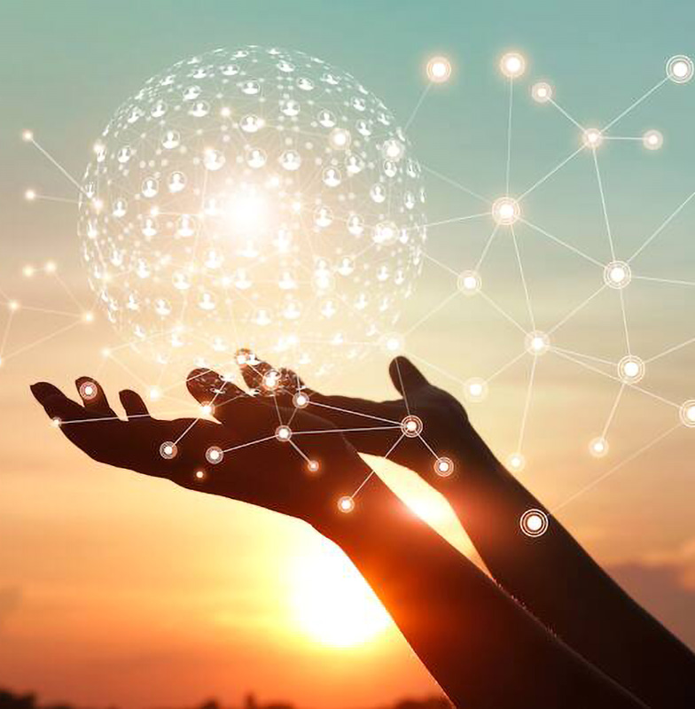 hands holding global network and data customer