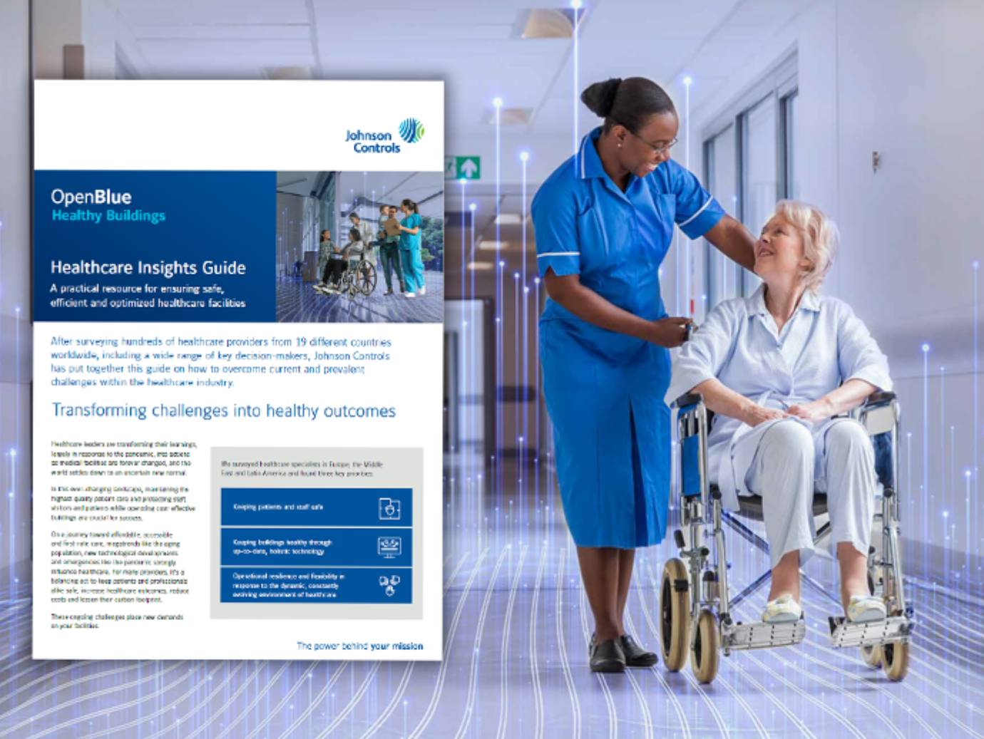 A nurse assisting an elderly female patient on a wheelchair, with a healthcare brochure overlaid in the left