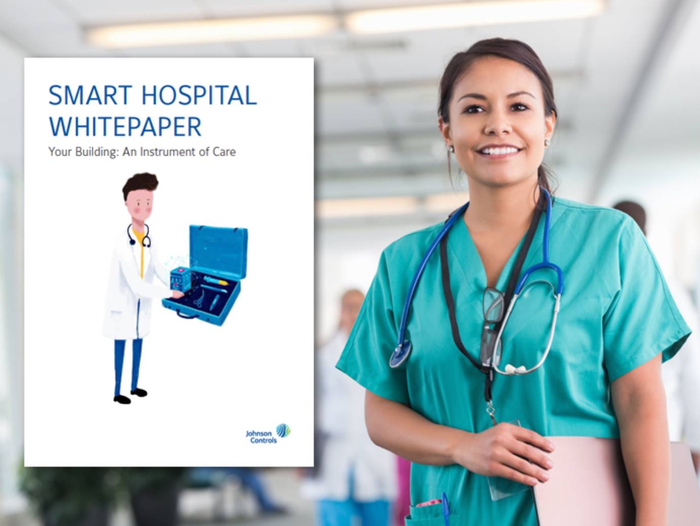 A nurse smiling and holding a file, with the cover of a whitepaper overlaid beside her