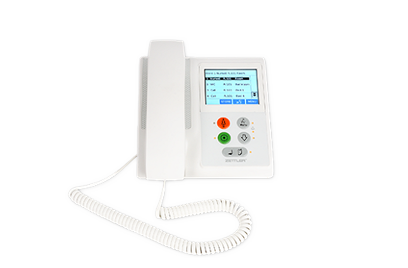 A white telephone, for Nurse Control Stations, by Johnson Controls