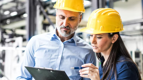 A male and a female construction worker in discussion
