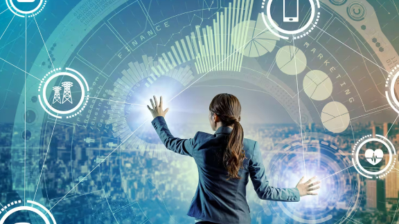 Back view of a woman tapping a hologram of icons depicting sectors of modern life