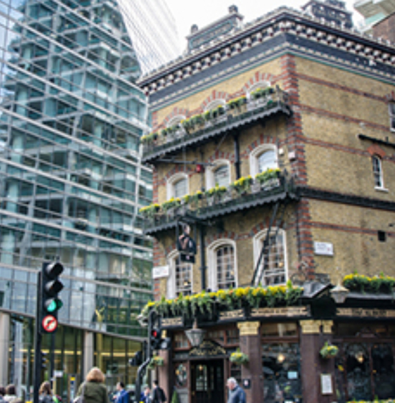The Albert Pub in London next to modern skyscrapers