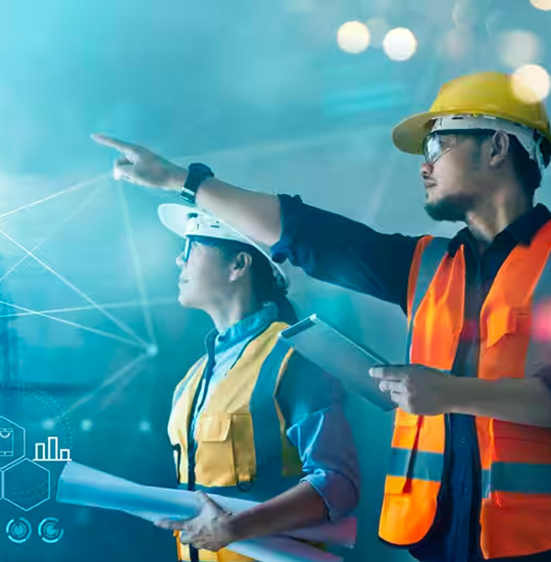 Maintenance workers pointing at distance