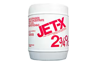 A white jar of foam concentrate labeled 'JetX' in red