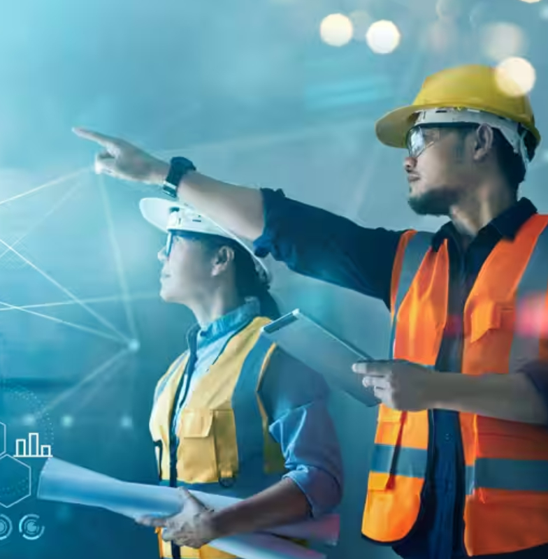 maintenance workers pointing at a distance