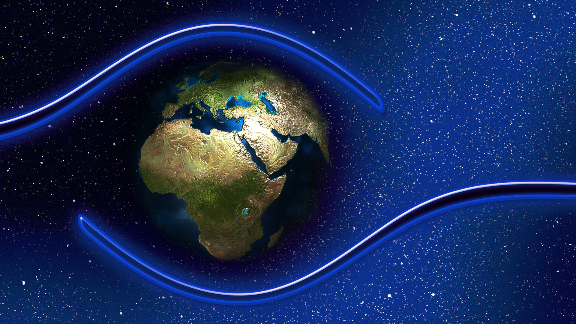 Satellite image of the earth, wit two curved lines around it to resemble hands, overlaid with a blue gradient