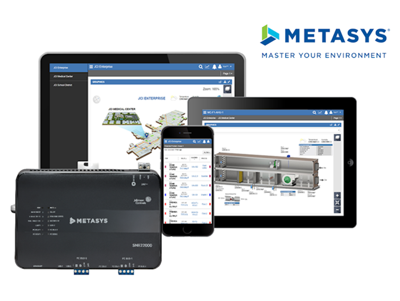 A Metasys device with a smartphone, tablet and laptop displaying the Metasys software