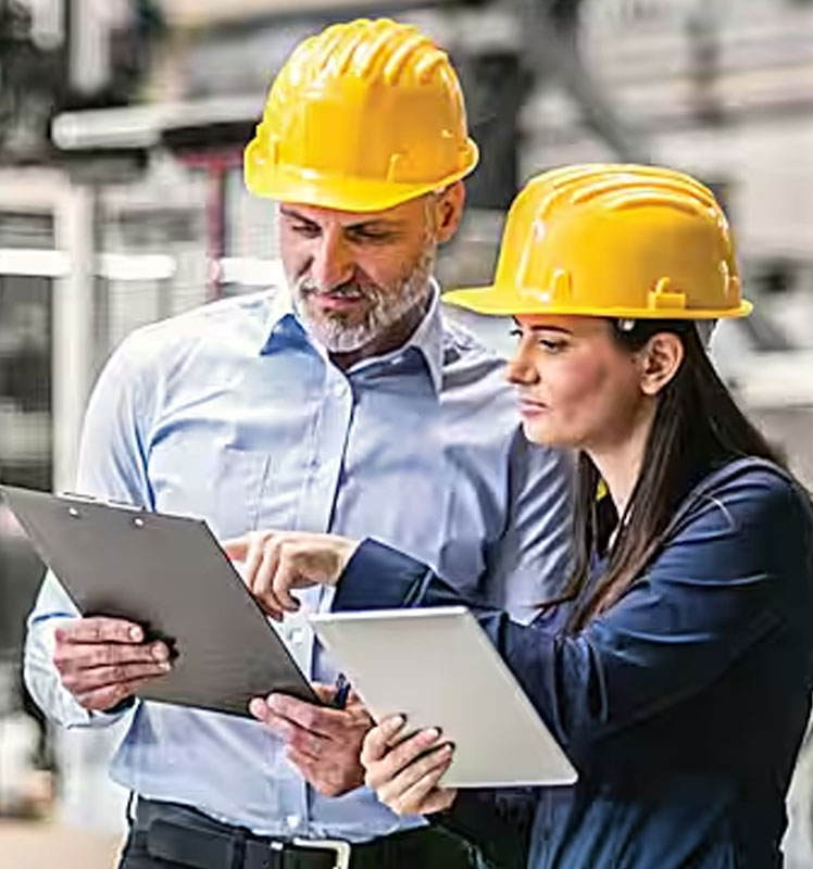 Two people with a safety hat and clipboards in their hands having a discussion