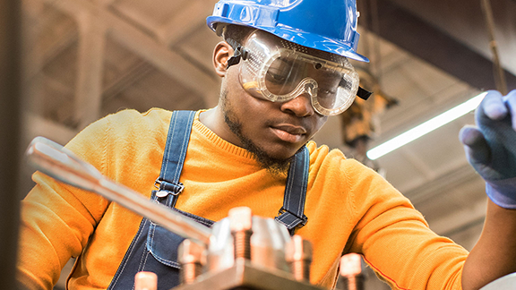 Man wearing Blue Helmet