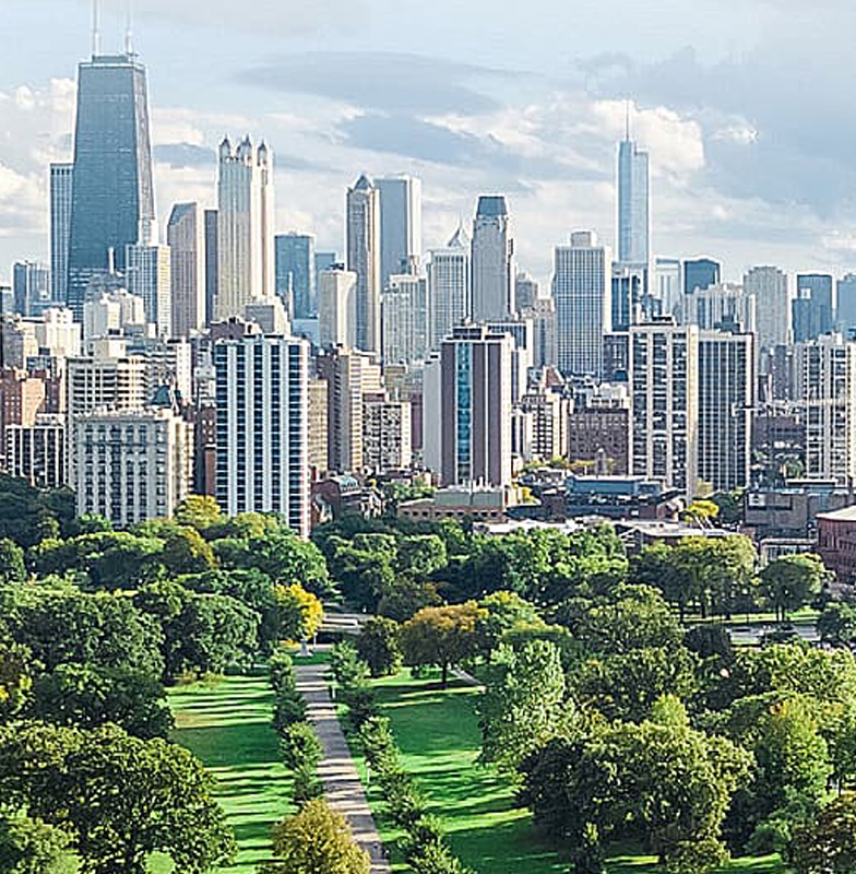 Cityscape with high-rise buildings in the background and greenery in the foreground