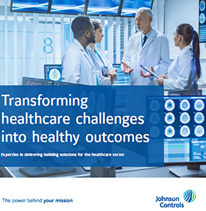 Banner for healthcare solutions by Johnson Controls with medical professionals at work