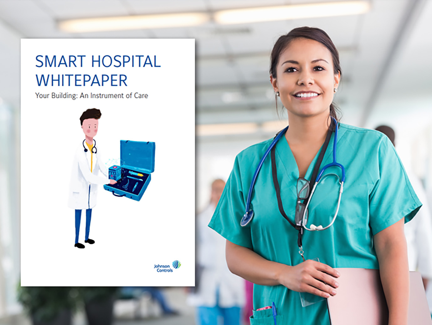 Cover page of a whitepaper by Johnson Controls on Smart Hospitals beside a medical professional