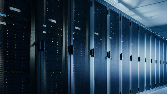 Angular view of a server room in a data center