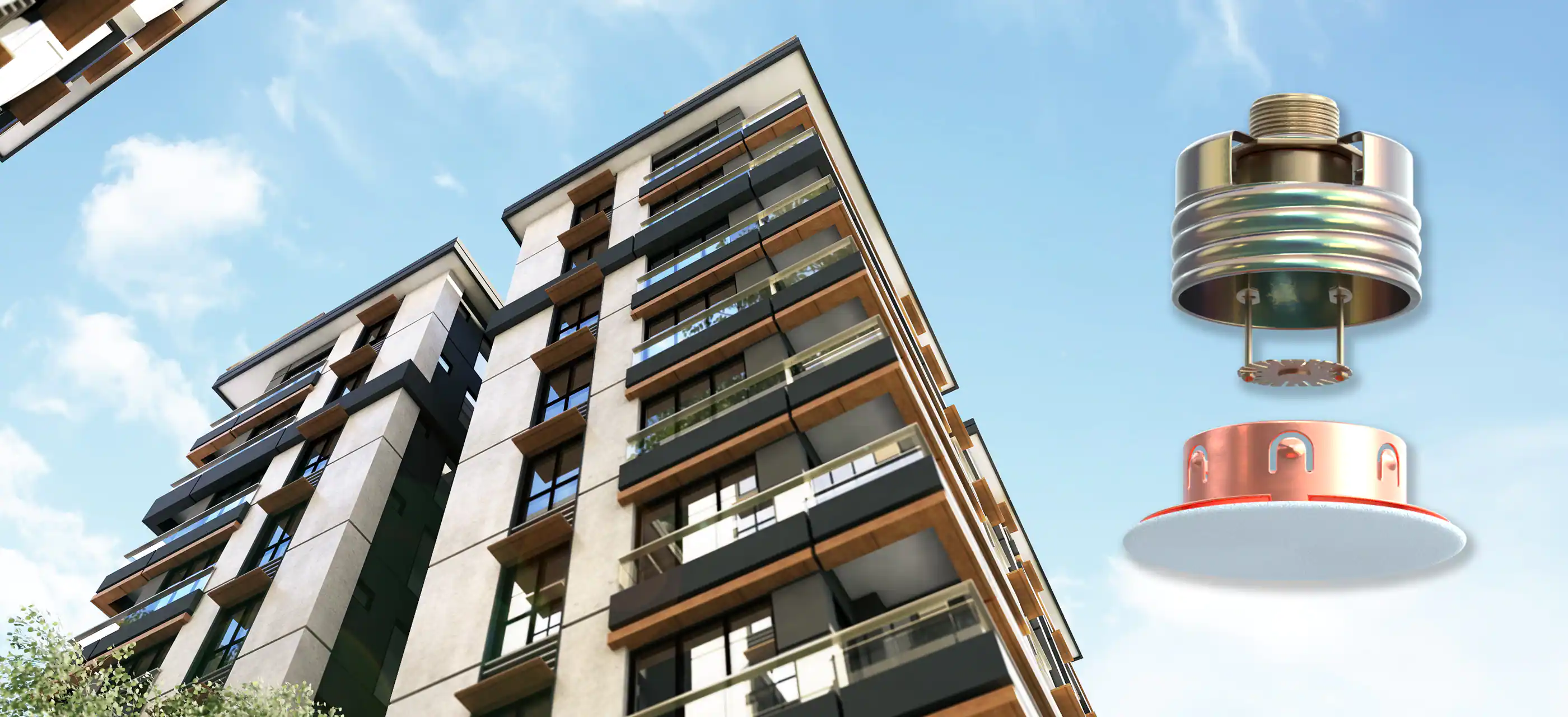 An upward shot of an apartment complex and images of two fire sprinklers