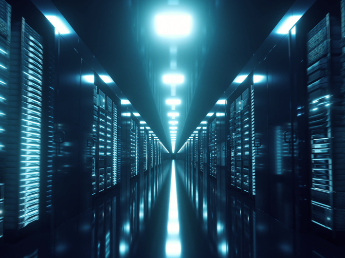 Motion blur shot of a data centre with data racks on each side