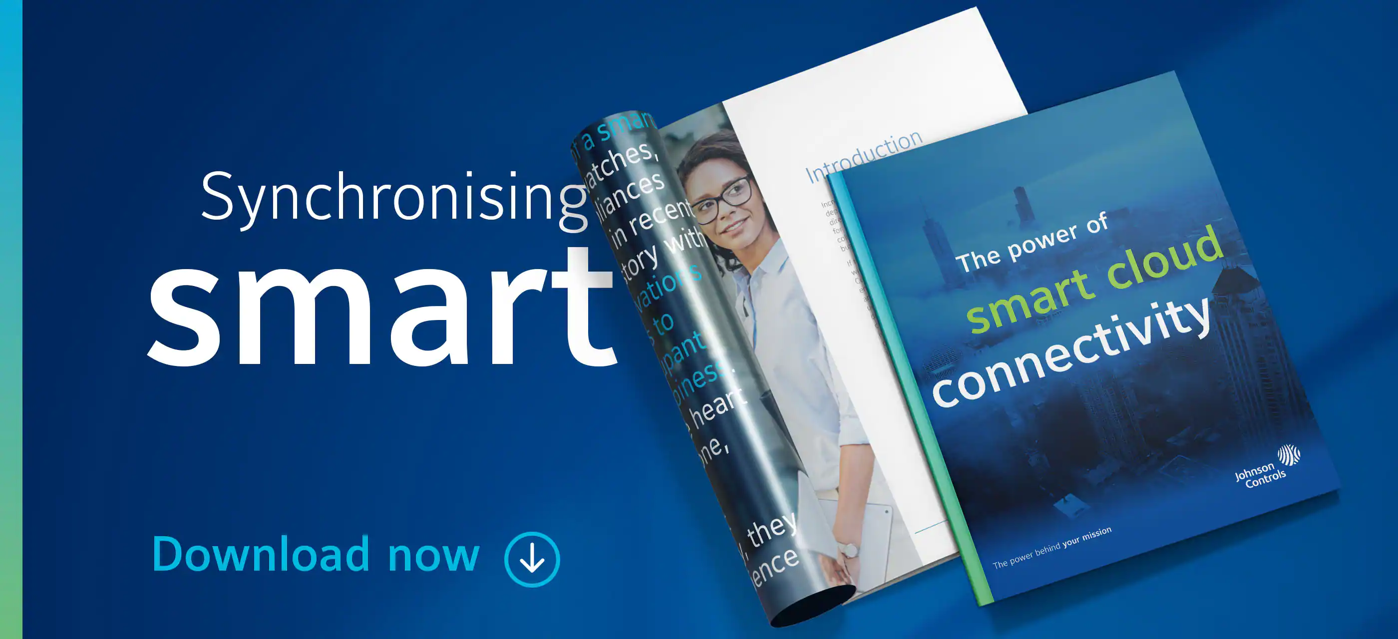 Two magazines with one half-rolled and text that reads 'Synchronizing Smart, Download Now'