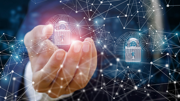 Close-up a man's hand with an overlay of locks and digital networking graphic