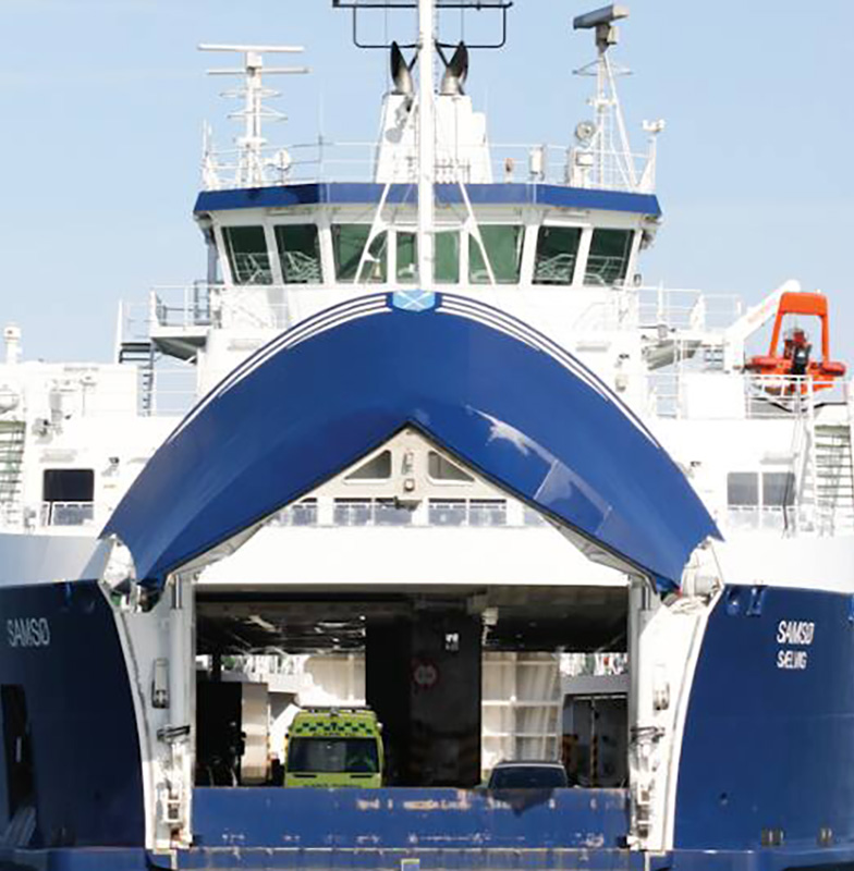 Front view of a ferry sailing on the water