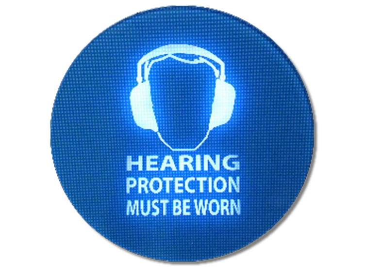 Graphic of hearing protection gear in a blue circle with 'hearing protection must be worn' written beneath it