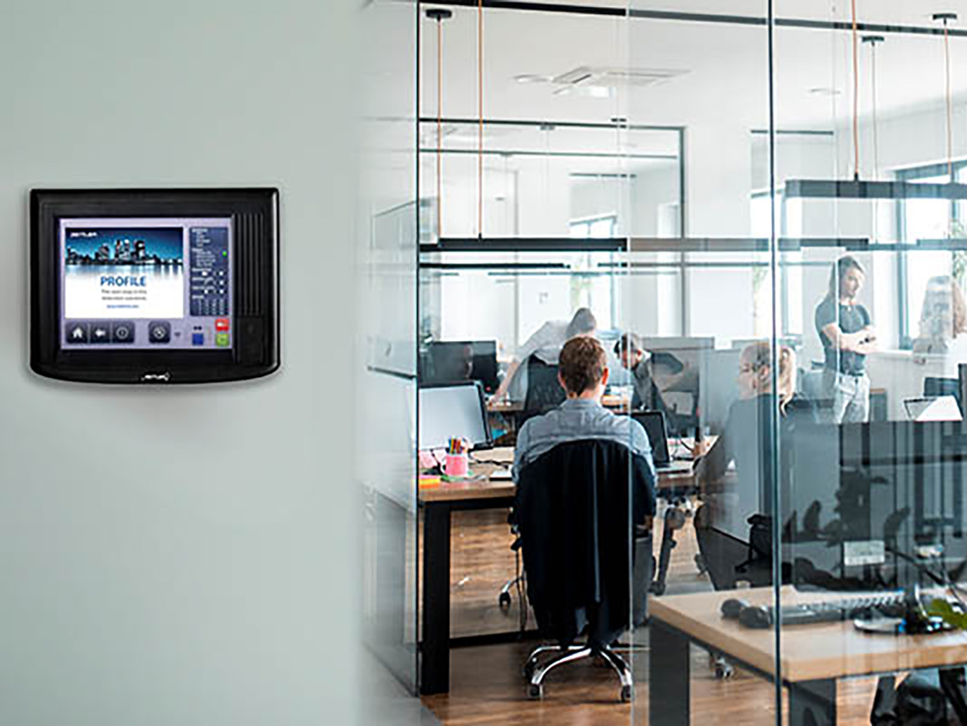 Control panel on the wall of an office meeting room