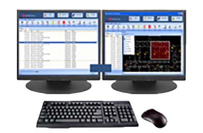 Two PC monitors displaying data