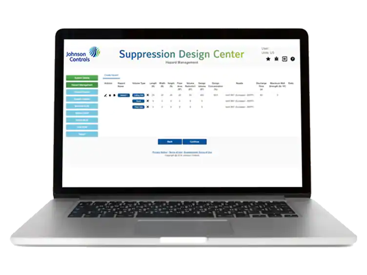 An open laptop displaying Johnson Controls' suppression design center portal