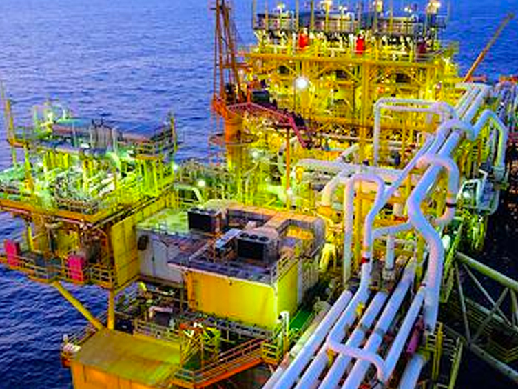 Aerial view of an oil rig platform at sea