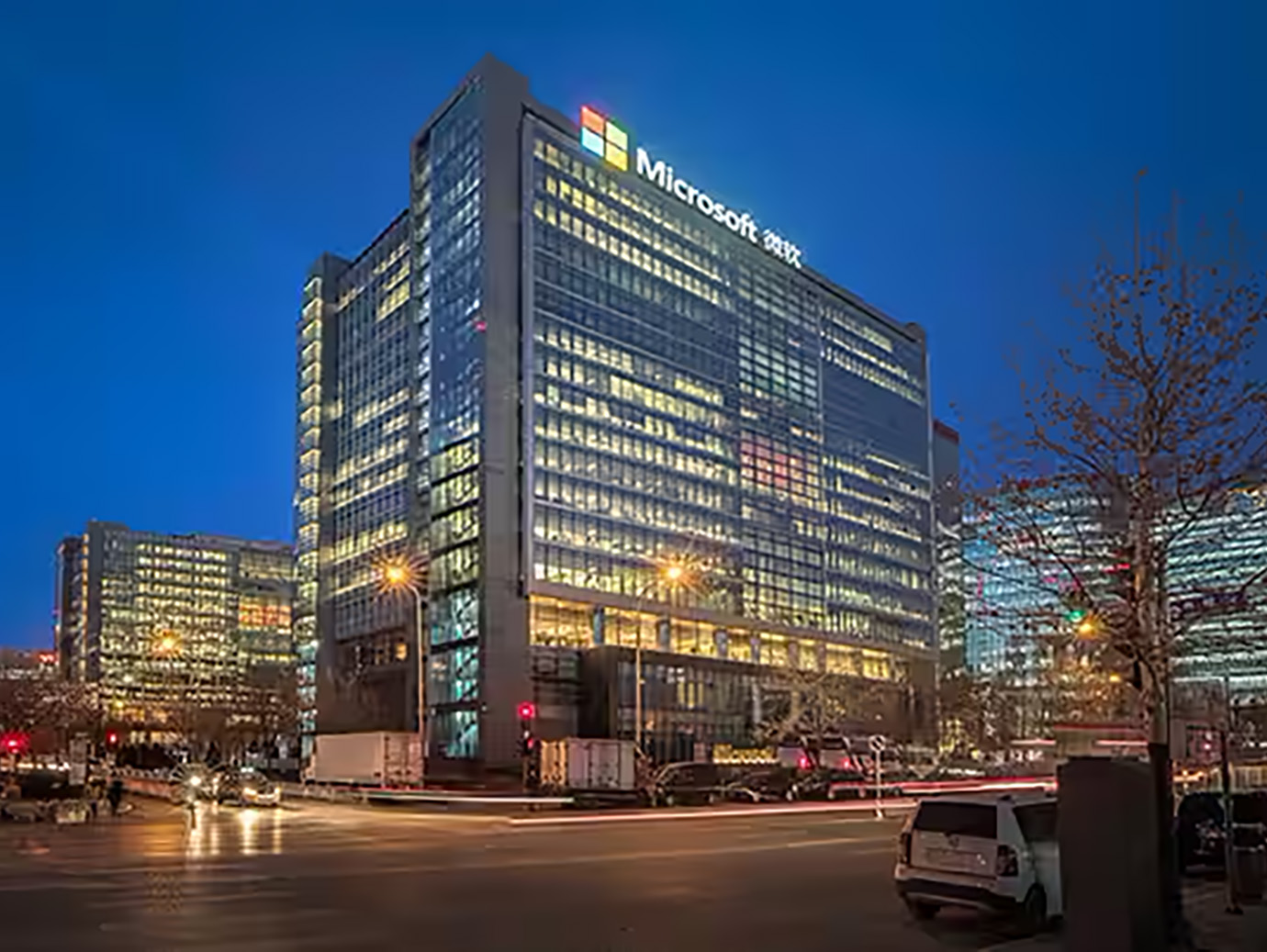 The Microsoft office in Beijing lit up during night-time