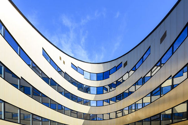 A curved, modern building