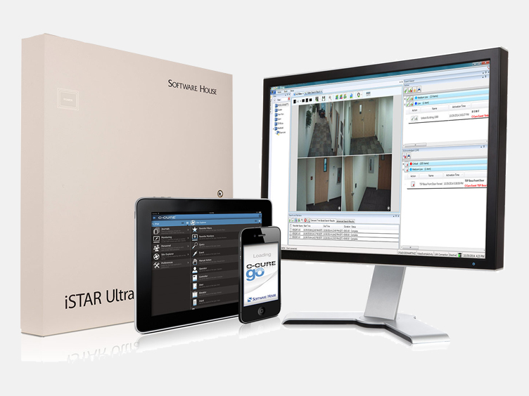 iStar Ultra next to three mobile devices displaying the c cure application