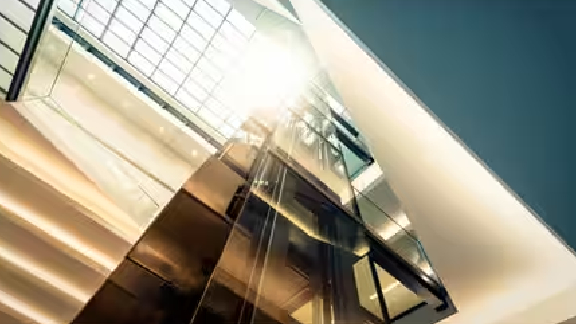 Upward shot of building with glass exterior