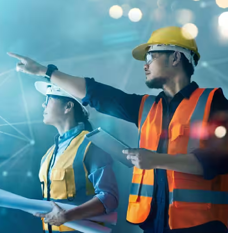 Man and woman in safety gear discussing work, overlaid with a bokeh and various icons