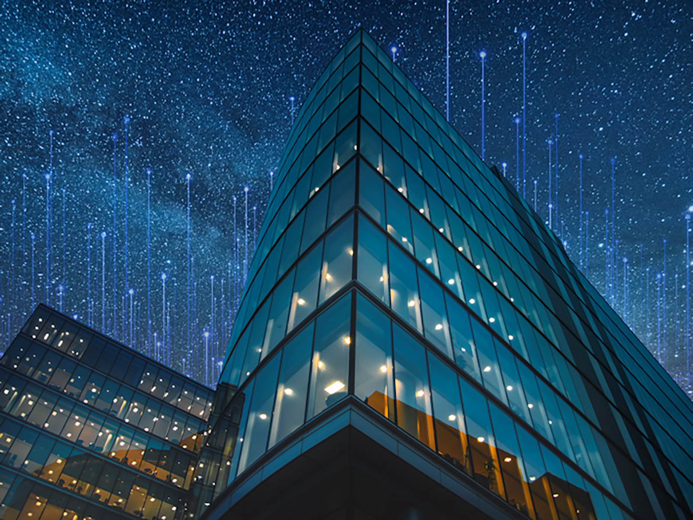 Frog'seye view of a skyscraper against a starry night sky