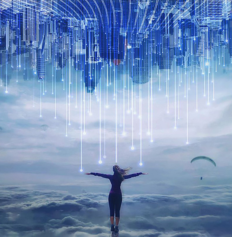 A woman facing clouds and graphics of buildings