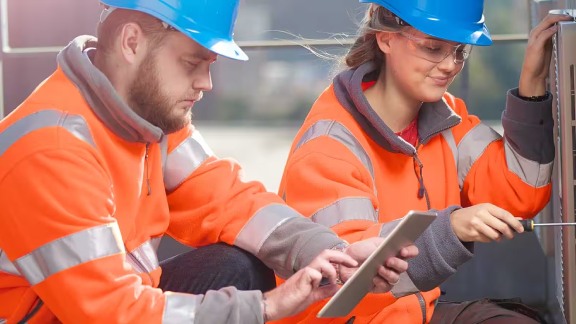 Two workers looking tablet
