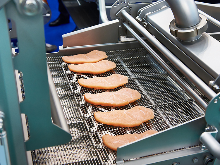 raw meat on conveyor belt