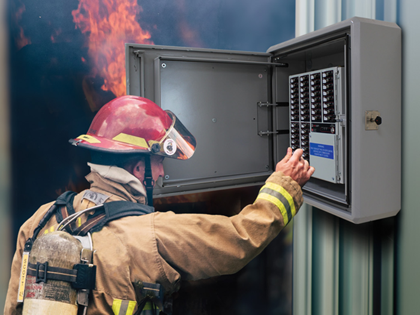 A firefighter operating a box