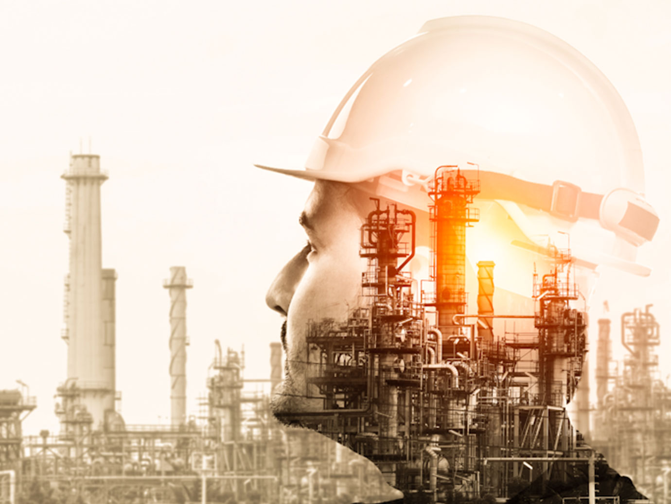 a maintenance worker overlaid on industrial facility