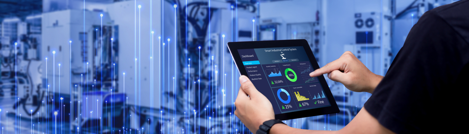 Close-up of a person scrolling a tablet displaying statistics, with various devices and OpenBlue graphics in the background