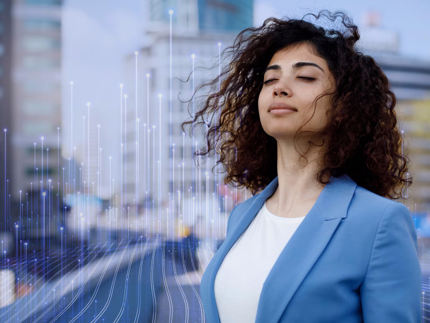 A woman standing with her eyes closed, with OpenBlue graphics and buildings in the background