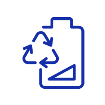 Blue line-illustration of a battery and three interconnected arrows depicting recycling