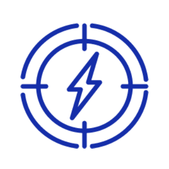 Blue line-illustration of a lightning bolt enclosed in a circle depicting a target