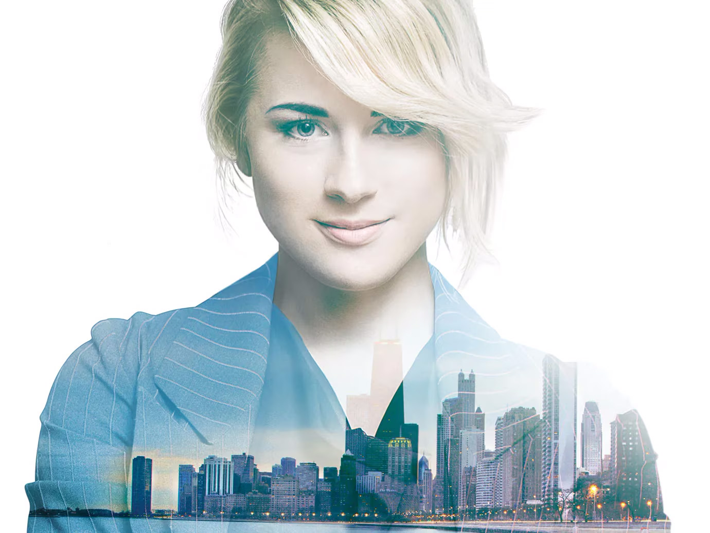 Double exposure image of a cityscape and a smiling woman