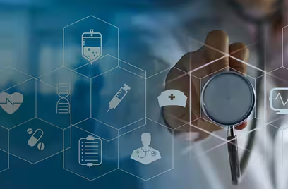 Close-up of a doctor holding a stethoscope, overlaid with icons depicting healthcare